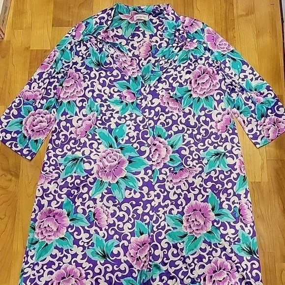 Vintage Vanity Fair Floral Robe Kimono Tunic Cover-Up Side Pockets Sz L - Picture 1 of 12